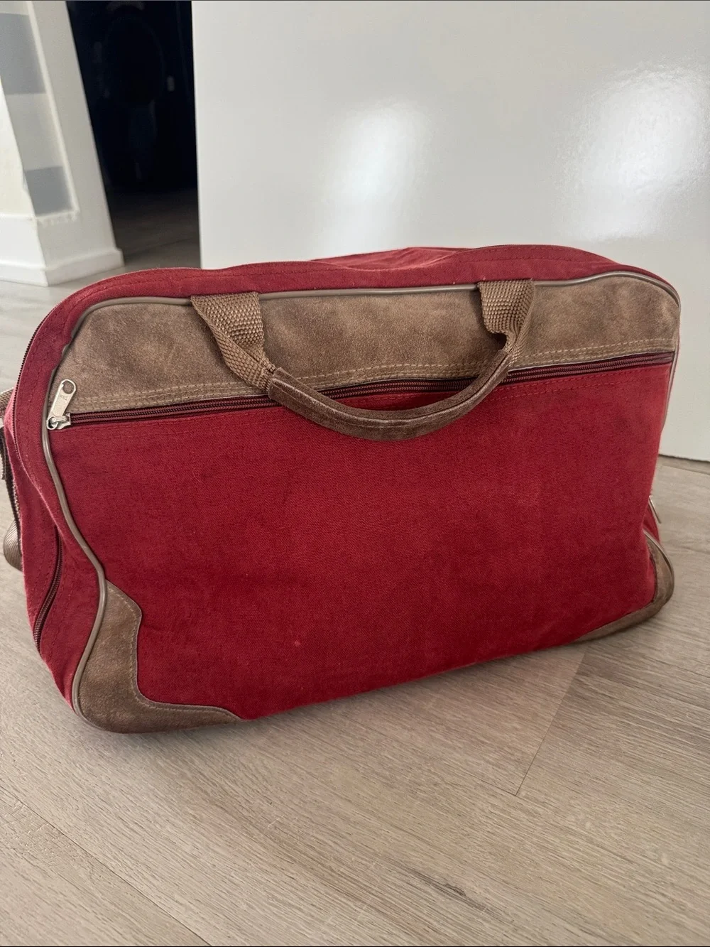 Vintage Athalon Denver USA Red Canvas Bag Tan Leather Suede Trim Duffle Travel